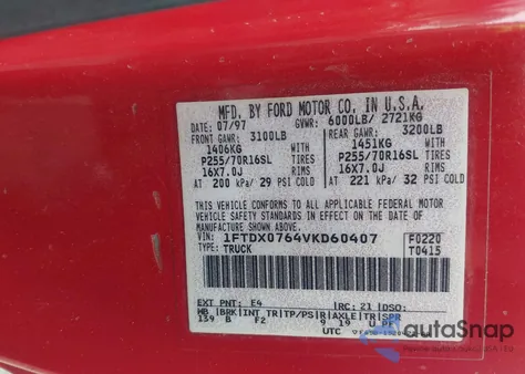 1997 Ford F-150 Lariat/Standard/Xl/Xlt из США, поврежденный, VIN 1FTDX0764VKD60407